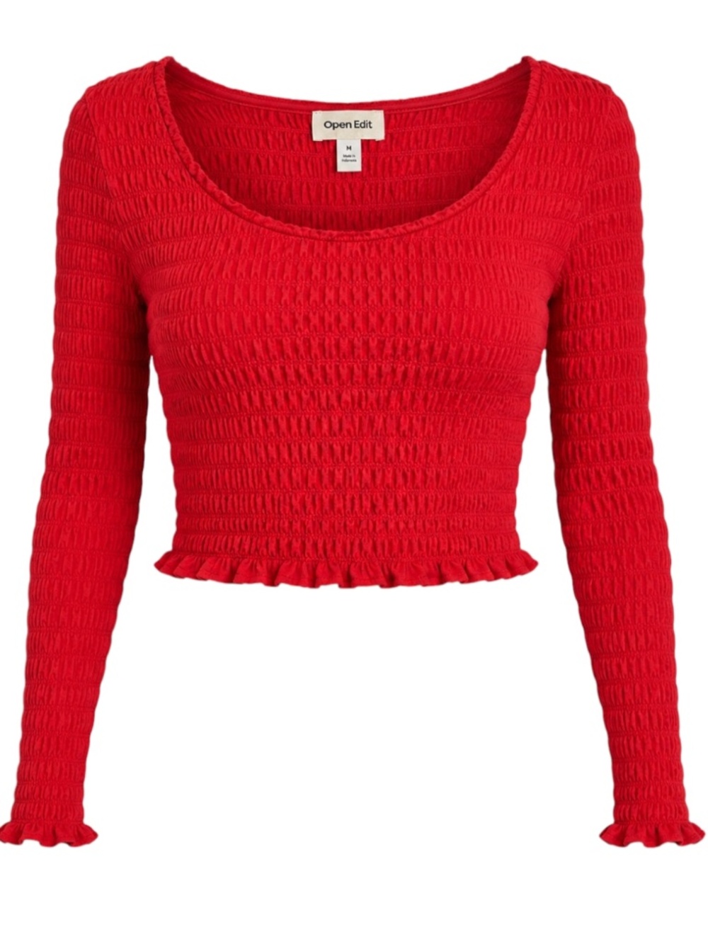 OPEN EDIT Smocked Scoop Neck Crop Top Red Goji Size M NWOT